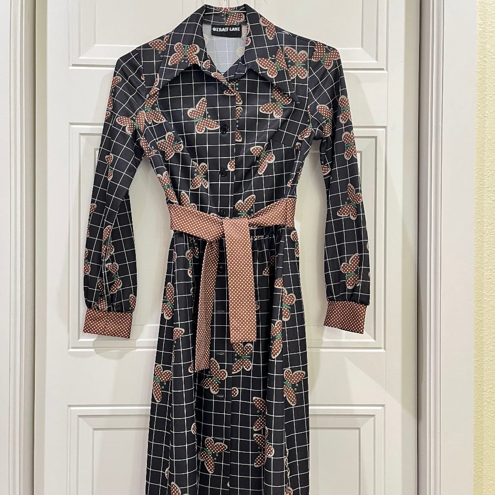 Vintage Long-Sleeved Checkered/Butterfly Dress with Matching Sash